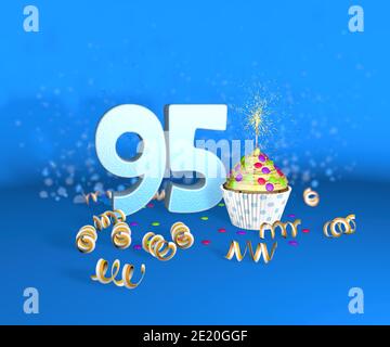 Cupcake mit funkelnder Kerze zum Geburtstag oder Jubiläum 95 mit der großen Nummer in weiß mit gelben Streamern auf blauem Hintergrund. 3d-Illustration Stockfoto