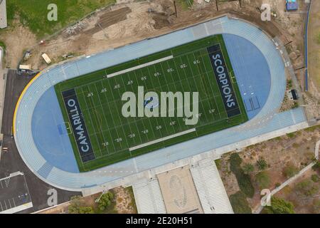 Eine Luftaufnahme von Adolfo Camarillo High School Track und Fußballplatz, Mittwoch, 6. Januar 2021, in Camarillo, Kalifornien. Stockfoto