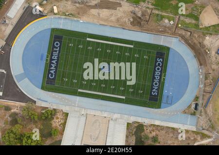 Eine Luftaufnahme von Adolfo Camarillo High School Track und Fußballplatz, Mittwoch, 6. Januar 2021, in Camarillo, Kalifornien. Stockfoto