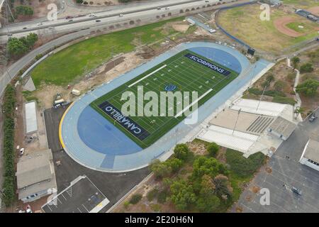 Eine Luftaufnahme von Adolfo Camarillo High School Track und Fußballplatz, Mittwoch, 6. Januar 2021, in Camarillo, Kalifornien. Stockfoto