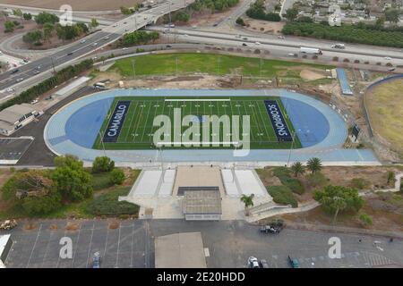 Eine Luftaufnahme von Adolfo Camarillo High School Track und Fußballplatz, Mittwoch, 6. Januar 2021, in Camarillo, Kalifornien. Stockfoto