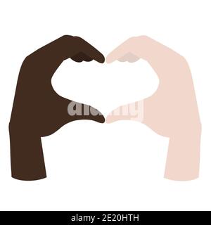 Hände mit verschiedenen Hautfarben machen Herz Zeichen. Interracial Liebe Symbol. Freundschaft, Unterstützung zwischen den Kulturen. Stockfoto