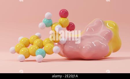 Tryptophan (l-Tryptophan, Trp, W) Aminosäuremolekül. 3D-Rendering. Stillleben bestehend aus einer gradientenfarbenen Lösemitteloberfläche und skalierter Kugelmod Stockfoto