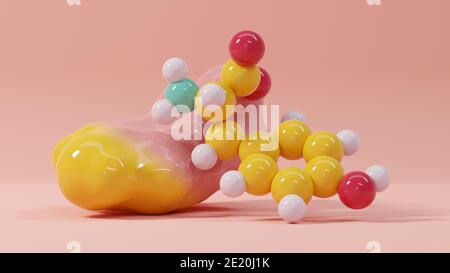 Tyrosin (l-Tyrosin, Tyr, Y) Aminosäuremolekül. 3D-Rendering. Stillleben, bestehend aus einer gradientenfarbenen Lösungsmitteloberfläche und einem skalierten Kugelmodell. Stockfoto