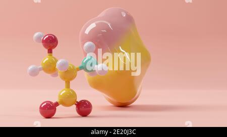 Serin (l-Serin, Ser, S) Aminosäuremolekül. 3D-Rendering. Stillleben bestehend aus einer gradientenfarbenen Lösungsmitteloberfläche und einem Ball-and-Stick-Modell. Ato Stockfoto