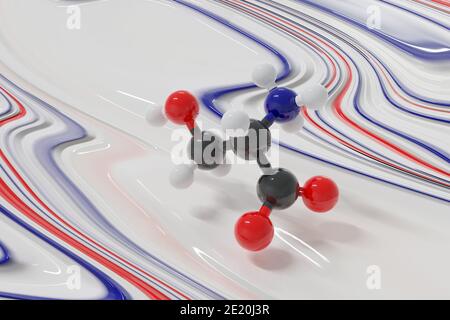 Serin (l-Serin, Ser, S) Aminosäuremolekül. 3D-Rendering. Kugel- und Stick-Molekularmodell, das direkt über einer flüssigen Lackoberfläche schwebt. Farb-CO Stockfoto