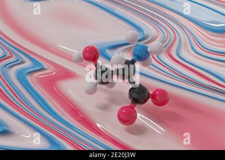 Serin (l-Serin, Ser, S) Aminosäuremolekül. 3D-Rendering. Kugel- und Stick-Molekularmodell, das direkt über einer flüssigen Lackoberfläche schwebt. Farb-CO Stockfoto