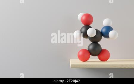 Serin (l-Serin, Ser, S) Aminosäuremolekül. 3D-Rendering. Atome werden als Kugeln mit herkömmlicher Farbkodierung dargestellt: Wasserstoff weiß, Kohlenstoff schwarz, Stockfoto