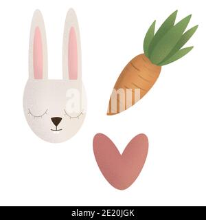 Osterset. Hase, Karotte und Herz. Elemente für Ihre Frühlings-Design-Projekte. Stockfoto