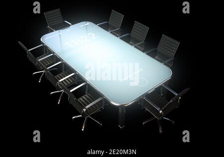 Ein modernes Konzept mit einer Reihe von Bürostühlen für Sitzungssäle Einberufen für ein Meeting um einen beleuchteten Smartphone-mobilen Tisch - 3D-Rendering Stockfoto
