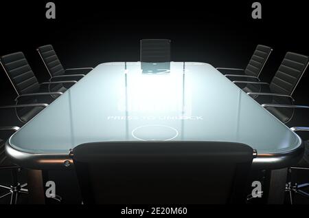 Ein modernes Konzept mit einer Reihe von Bürostühlen für Sitzungssäle Einberufen für ein Meeting um einen beleuchteten Smartphone-mobilen Tisch - 3D-Rendering Stockfoto