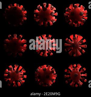 Ein Konzept, das eine Reihe von verschiedenen Formen entwickelt und zeigt Mutierende Coronavirus-Moleküle Teilchen auf einem dunklen Hintergrund - 3D Rendern Stockfoto