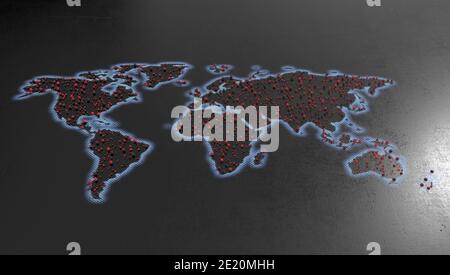 Eine flache Weltkarte mit leuchtend blauen Halbtonkanten Ein schwarzer texturierter Hintergrund, der rote Corona-Viruspartikel zeigt, die verteilt sind Auf der ganzen Welt - 3D Stockfoto