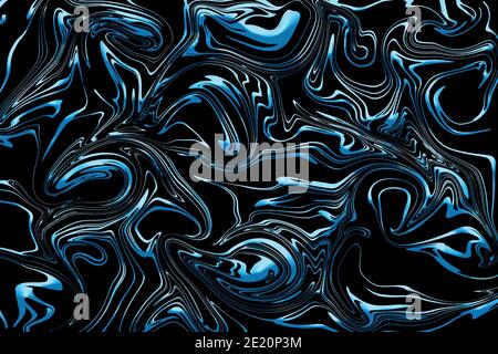 Abstrakte Hintergrunddarstellung von flüssigem blauem Glitter Farbe wirbelt auf Schwarzer Hintergrund Stockfoto