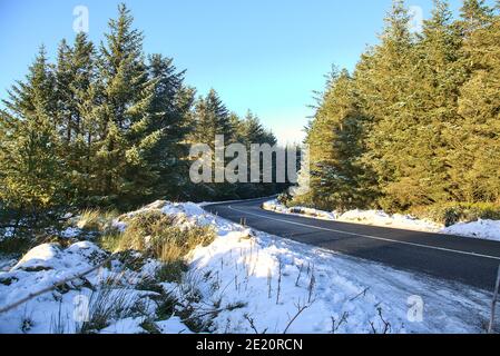Schöne Aussicht auf Asphaltstraße im Winterwald am Dublin Panoramic View Point, Killakee, Co. Dublin, Irland. Ungewöhnlich sehr kalter irischer Winter Stockfoto