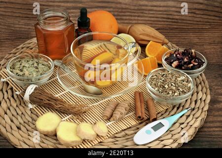 Kräuterheilmittel gegen Erkältungs- und Grippevirus mit Heißgetränk, frischem Ingwer, Honig, Zimt, Zitrone, Orange, Kurkuma, Ginseng, Hibiskus, Echinacea & Eukalyptus. Stockfoto