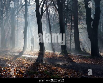 Der Mensch joggt im Winterwald, der von der Sonne durch Nebel beleuchtet wird Stockfoto