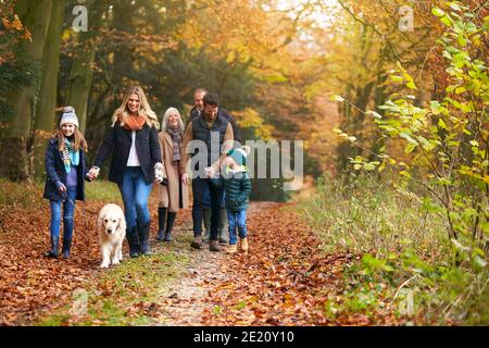 Multi-Generation-Familie Wandern Mit Pet Golden Retriever Hund Entlang Herbst Waldweg Stockfoto