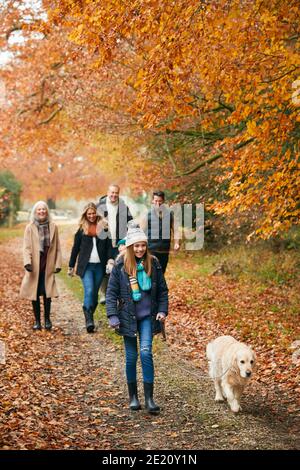 Multi-Generation-Familie Wandern Mit Pet Golden Retriever Hund Entlang Herbst Waldweg Stockfoto