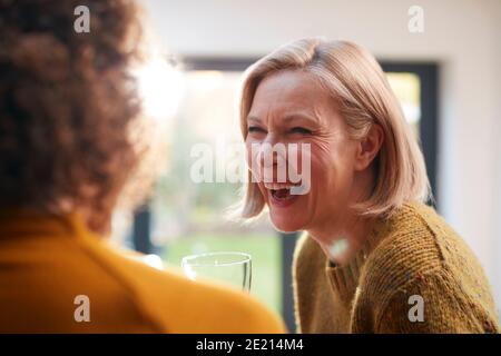 Zwei Reife Weibliche Freunde Treffen Zu Hause Zu Sprechen Und Trinken Sie Wein Zusammen Stockfoto