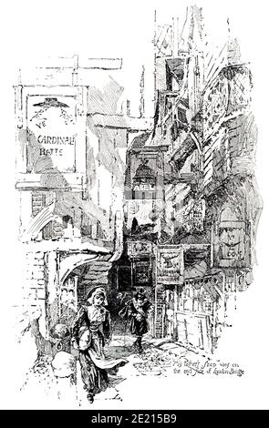 London Bridge 1665, Illustration von John Jellicoe und Herbert Railton für Cherry and Violet, A Story of the Great Pest, von 1897 The Studio an Il Stockfoto