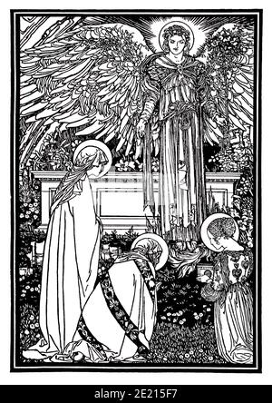 Engel, Linienillustration von Robert Anning Bell, aus dem Altarbuch, herausgegeben von Berkeley Updike, von 1897 das Studio an Illustrated Magazine of Fin Stockfoto