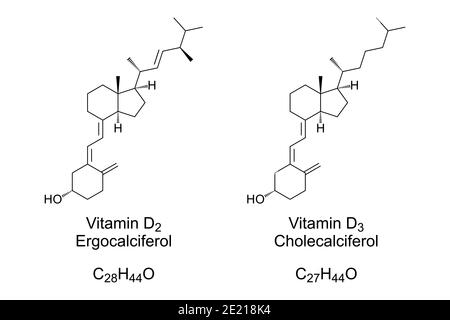 Vitamin D2 und Vitamin D3, chemische Struktur und Skelettformel. Ergocalciferol und Cholecalciferol, auch bekannt als Calciferol. Stockfoto