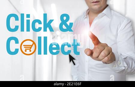 Click and Collect Konzept wird von Mann gezeigt. Stockfoto