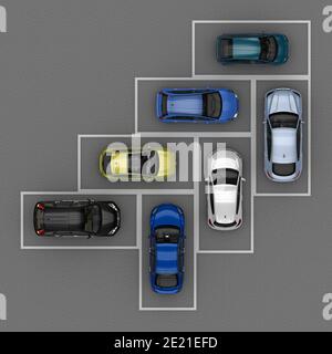 Die meisten kompakten Markup parken Autos Ansicht von oben. 3D-Rendering Stockfoto