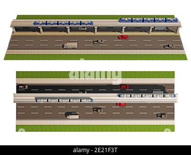 Stück Straße mit überirdischen U-Bahn isoliert auf weißen Blick von oben. 3d-Rendering Stockfoto