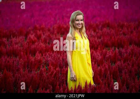 Porträt eines schönen Modells posiert in einem Feld voller roter und lila Blumen. Stockfoto