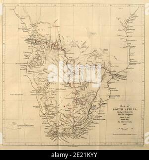 Karte von Südafrika zeigt Dr. Livingstone's Route aus Buch ' Missionary travels and forestions in South Africa : Einschließlich einer Skizze von sechzehn Jahren Aufenthalt im Inneren von Afrika, und eine Reise vom Kap der Guten Hoffnung nach Loanda, an der Westküste, von dort über den Kontinent, den Fluss Zambesi hinunter, um den östlichen Ozean ' von David Livingstone Veröffentlicht in London im Jahr 1857 Stockfoto