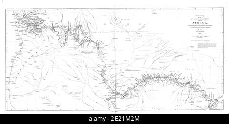 Karte von Südafrika zeigt Dr. Livingstone's Route aus Buch ' Missionary travels and forestions in South Africa : Einschließlich einer Skizze von sechzehn Jahren Aufenthalt im Inneren von Afrika, und eine Reise vom Kap der Guten Hoffnung nach Loanda, an der Westküste, von dort über den Kontinent, den Fluss Zambesi hinunter, um den östlichen Ozean ' von David Livingstone Veröffentlicht in London im Jahr 1857 Stockfoto