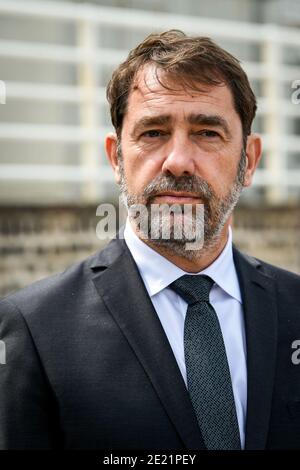 Ausbruch des Coronavirus, Covid-19, Ende der Sperre: Offizieller Besuch von Christophe Castaner, Innenminister, in Veules-les-Roses (Nordfrankreich) Stockfoto