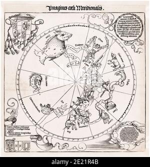 Himmelskarte der südlichen Hemisphäre, Sternenkarte, Sternzeichen, Druck, 1515 von Albrecht Dürer nach Conrad Heinvogel Stockfoto