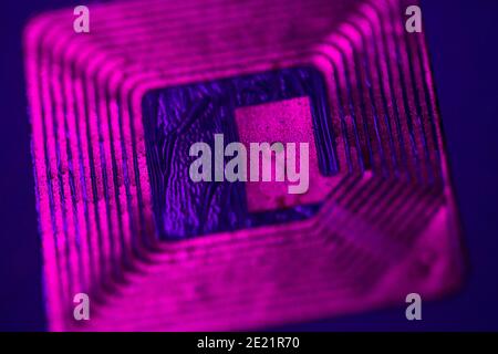 Nahaufnahme des RFID-Tags unter ultraviolettem Licht. Stockfoto