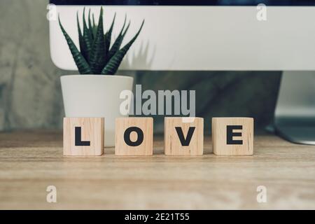 Text geschrieben LIEBE Holzklötze, Wort Liebe. Valentinstagskonzept. Stockfoto