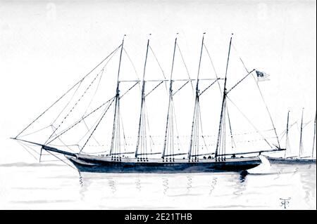Skizze des 'Governor Ames' ein fünf-Mast-Handel Schooner, USA aus dem Buch "Stift und Bleistift Skizzen der Schifffahrt und Handwerk in der ganzen Welt" von Pritchett, Robert Taylor Veröffentlicht in London im Jahr 1899 Stockfoto