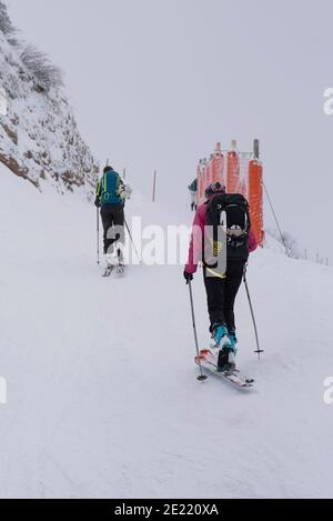 Eine dynamische Szene, in der eine Gruppe von Skifahrern während einer Skitour durch eine schneebedeckte Berglandschaft navigiert. Stockfoto