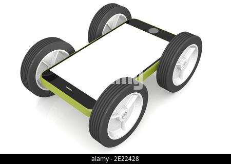 3D-Rendering eines modernen Mobiltelefons auf Rädern isoliert Auf weißem Hintergrund Stockfoto