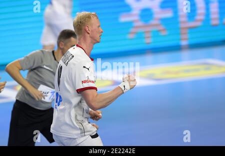 Köln, Deutschland. 10. Jan, 2021. firo: 10.01.2021, Handball: EHF Euro 2022 Qualifiers, Qualifikation, Nationalmannschaft Deutschland - Österreich Sebastian FIRNHABER, GER, Jubilation Quelle: dpa/Alamy Live News Stockfoto