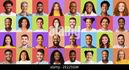 Collage Von Verschiedenen Weibchen Und Männchen Portraits Auf Farbigen Hintergründen Stockfoto