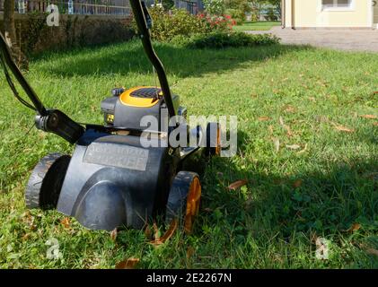 Nahaufnahme eines Rasenmähers in einem Hausgarten mit gerade Schneiden Sie eine Linie Gras Stockfoto