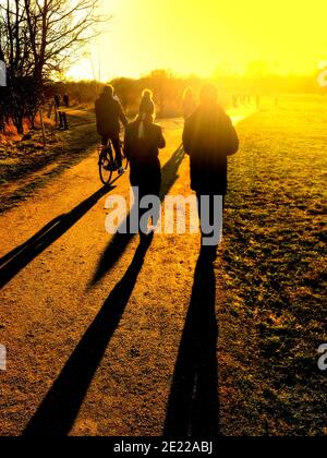 Menschen, die an einem Winter- oder Herbsttag auf einem Pfad in einem Park spazieren gehen und lange Schatten in der intensiven und glühenden, hellen, niedrigen Sonne werfen. Bild mit effektfilt Stockfoto