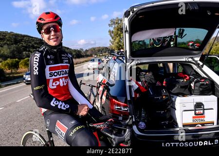 Der Belgier Florian Vermeersch von Lotto Soudal im Bild während der Lotto-Soudal Radsportteam-Etappe in Javea, Spanien, Montag, 11. Januar 2021. BELGA FOTO Stockfoto