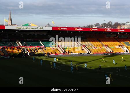 Norwich, Großbritannien. Januar 2021. Blick auf das Carrow Road Stadium während des FA Cup Third Round Matches zwischen Norwich City und Coventry City.Final Score; Norwich City 2:0 Coventry City. Kredit: SOPA Images Limited/Alamy Live Nachrichten Stockfoto