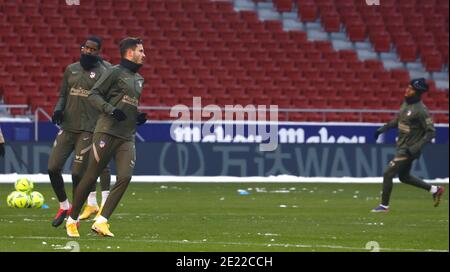 Madrid, Spanien. Januar 2021. Atletico de Madrid Trainingseinheit im Wanda Metropolitano Stadion ohne Schnee vor dem La Liga Spiel gegen Athletic Club Bilbao. Madrid 11. Januar 2021 Entrenamiento del Atlético de Madrid en el estadio Wanda Metropolitano ya limpio de nieve antes del partido de Liga contra el Athletic Club de Bilbao. Madrid 11 de enero de 2021 Spieler: Saul POOL/ Atletico de Madrid/Cordon Presse nur zur redaktionellen Verwendung Kredit: CORDON PRESS/Alamy Live News Stockfoto