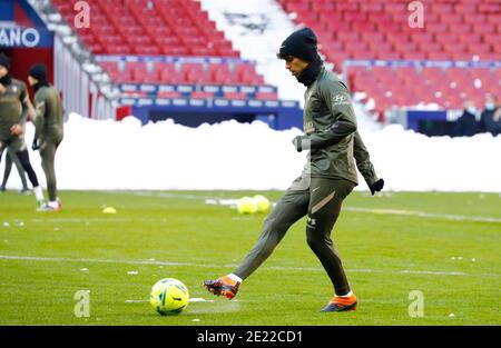 Madrid, Spanien. Januar 2021. Atletico de Madrid Trainingseinheit im Wanda Metropolitano Stadion ohne Schnee vor dem La Liga Spiel gegen Athletic Club Bilbao. Madrid 11. Januar 2021 Entrenamiento del Atlético de Madrid en el estadio Wanda Metropolitano ya limpio de nieve antes del partido de Liga contra el Athletic Club de Bilbao. Madrid 11 de enero de 2021 Spieler: Joao Felix POOL/ Atletico de Madrid/Cordon Presse nur zur redaktionellen Verwendung Kredit: CORDON PRESS/Alamy Live News Stockfoto
