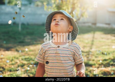 Kaukasischer Junge schaut auf die geblasenen Konfetti tragen Ein blauer Hut in einem sonnigen Sommertag in der Garten Stockfoto