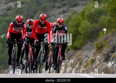 Der Belgier Thomas De Gendt vom Lotto Soudal, der Deutsche John Degenkolb vom Lotto Soudal und der Belgier Florian Vermeersch vom Lotto Soudal Stockfoto